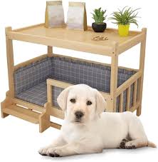 Mesita de Noche con Cama para Perro - Casa de Madera Natural